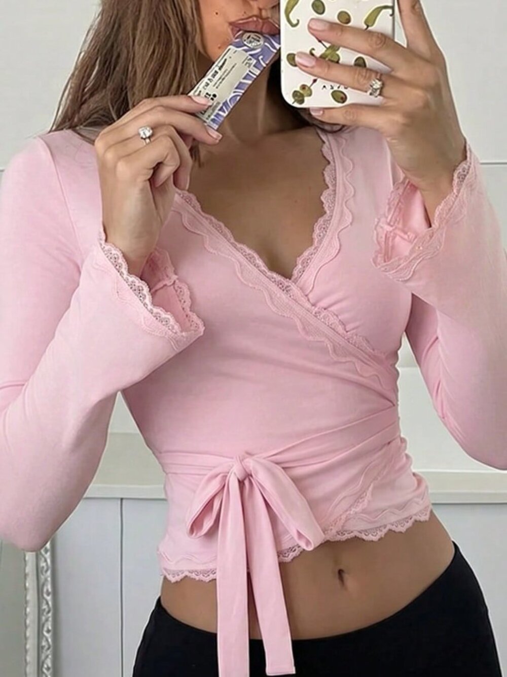 Pink Casual Women's Sexy V-Neck Long Sleeve Tie-Front Lace Trim Blouse